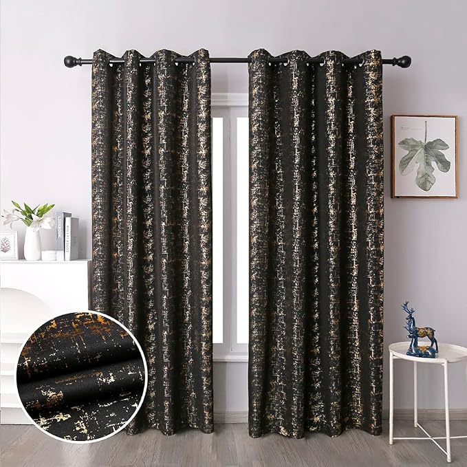 Taisier Home Black & Gold Geometric Dots Curtains 108" - Extra Long Room Darkening Drapes, Unique Design Set of 2 Gold Foil Print Linen Panels for Bedroom Living Room