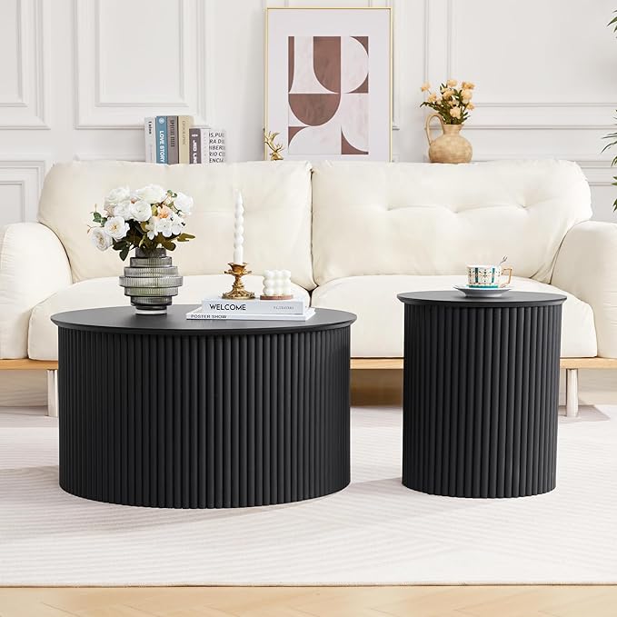 Fluted Round Nesting Coffee Table Set of 2, Mid Century Modern Wood Coffee Table and End Table Set, Minimalist Center Tables Circle Side Table for Living Room, Office(Black