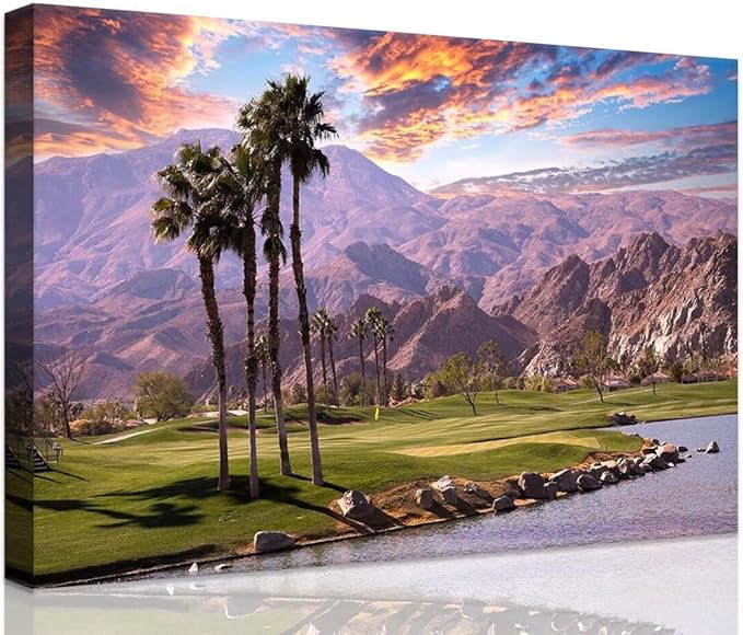 Golf Course at Sunset in Palm Wall Art Prints USA California Picture Canvas Wall Decor for Home Living Room Bedroom Bathroom Framed Artwork Ready to Hang(12''H x 16''W)