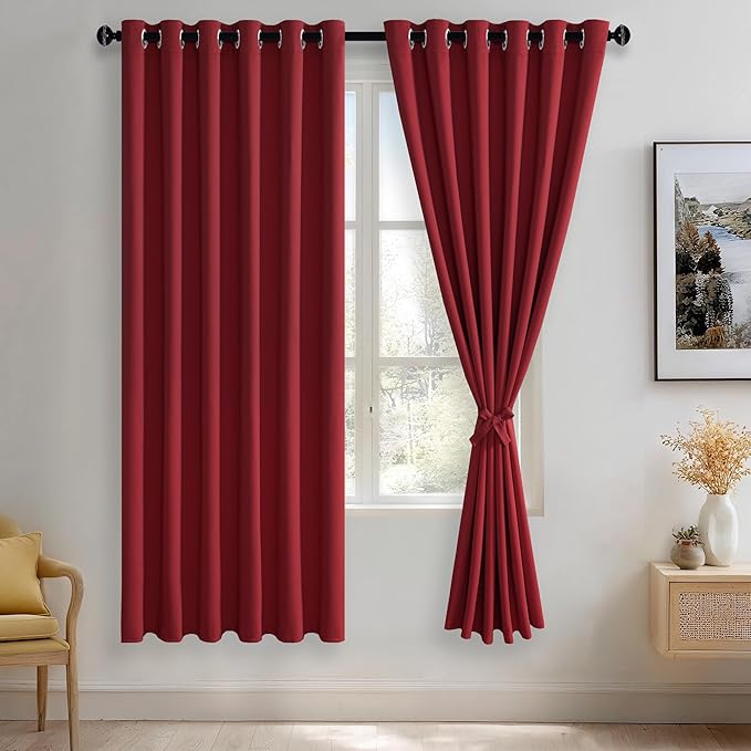 JIUZHEN Red Blackout Curtains with Tiebacks - Thermal Insulated, Light Blocking and Noise Reducing Grommet Curtains for Bedroom and Living Room, Set of 2 Window Curtain Panels, 70 x 72 Inch Length