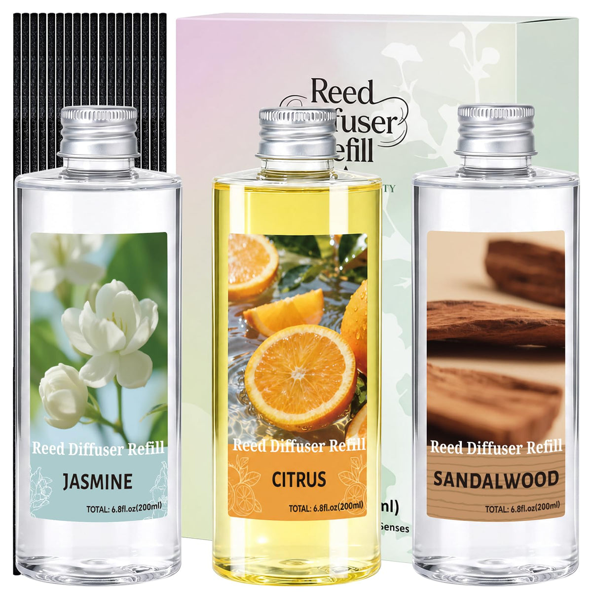 Reed Diffuser Oil Refill Set,3x6.76 Oz Citrus Sandalwood Jasmine Scent Oil