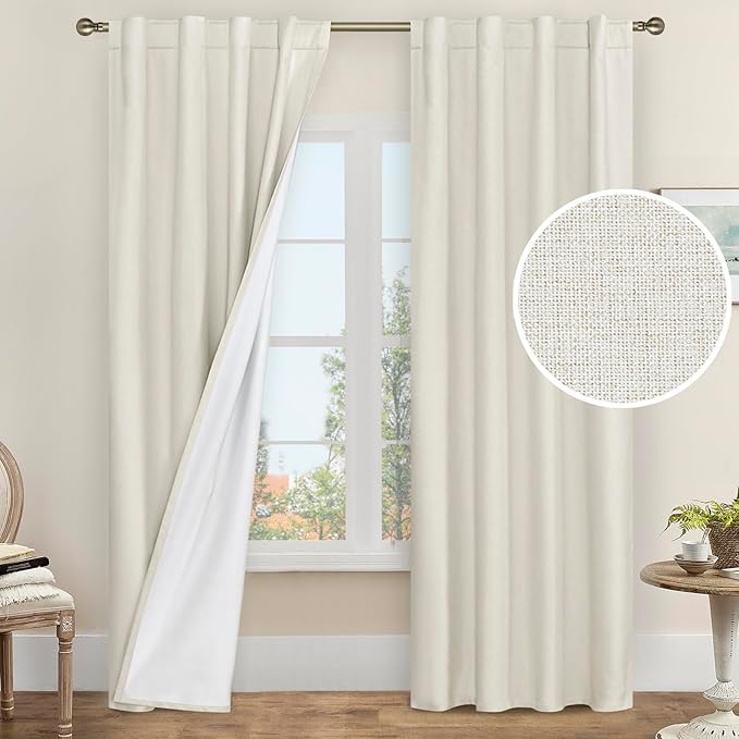 LAMIT Ivory 100% Blackout Polyester Curtains 84 Inches Long, Polyester Living Room Farmhouse Curtains Full Room Darkening Back Tab and Rod Pocket Panels with White Liner, 2 Panels, 38 x 84 Inch
