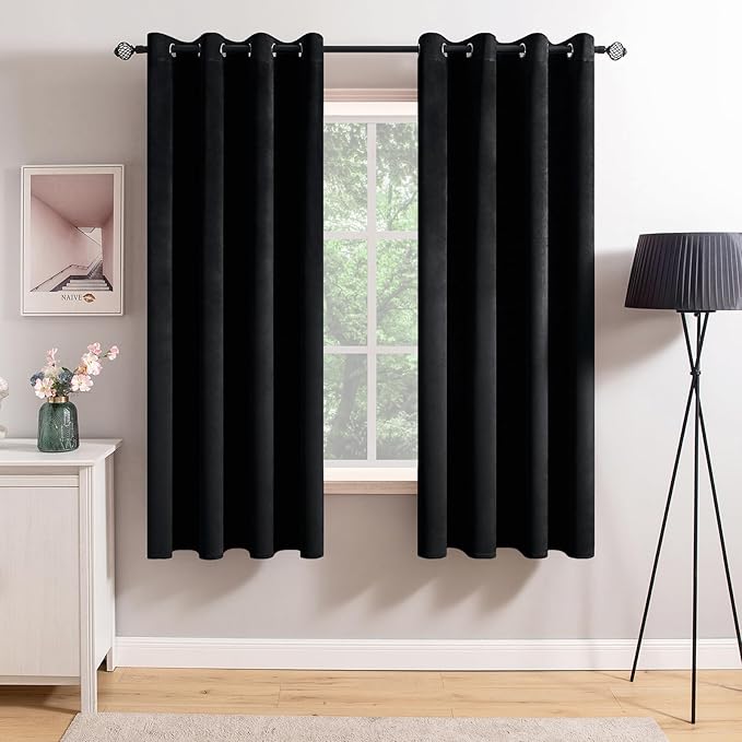 MIULEE Black Velvet Curtains 63 Inches Long Halloween Room Darkening Blackout Curtains with Grommet Top for Bedroom/Living Room Light Blocking Thermal Insulating Soundproof Set of 2