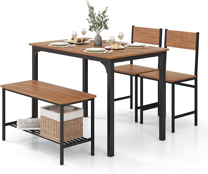 COSTWAY Dining Table Set for 4, Rectangular Kitchen Table Set with Bench and 2 Chairs, Storage Rack & Metal Frame, 4-Piece Dining Room Table and Chairs Set for Small Space, Apartment (Brown)