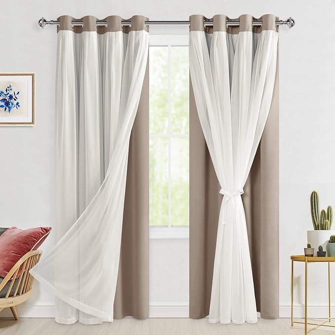 Hiasan Camel Blackout Curtains with Sheer Overlay, Grommet Thermal Insulated Privacy Mix & Match Double Layer Room Darkneing Curtains for Bedroom, Living Room, 2 Window Panels with Tiebacks, 52W X 84L
