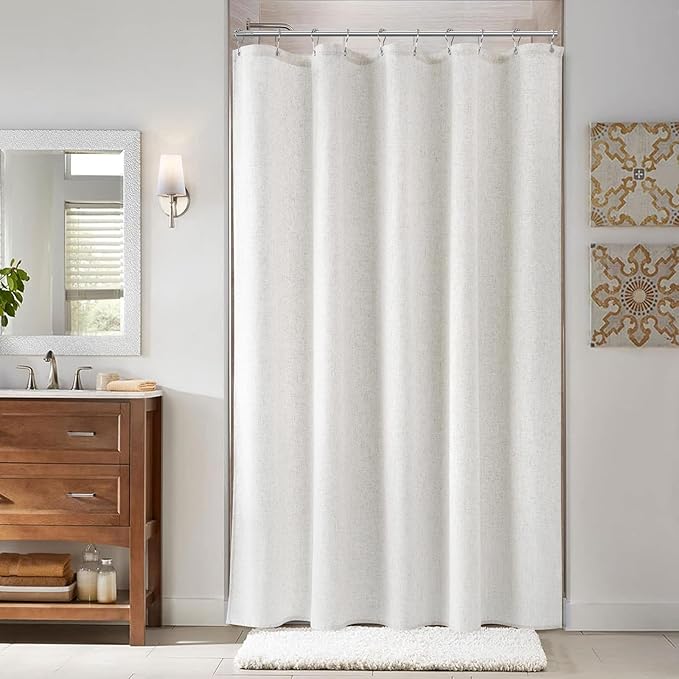 Naturoom 54 Inch Shower Curtain - Stall Narrow Half Linen Ultra Thick Fabric Shower Curtain Set with Hooks, Boho Farmhouse Rustic RV Camper Bath Curtains for Bathroom, Beige White, 54x78