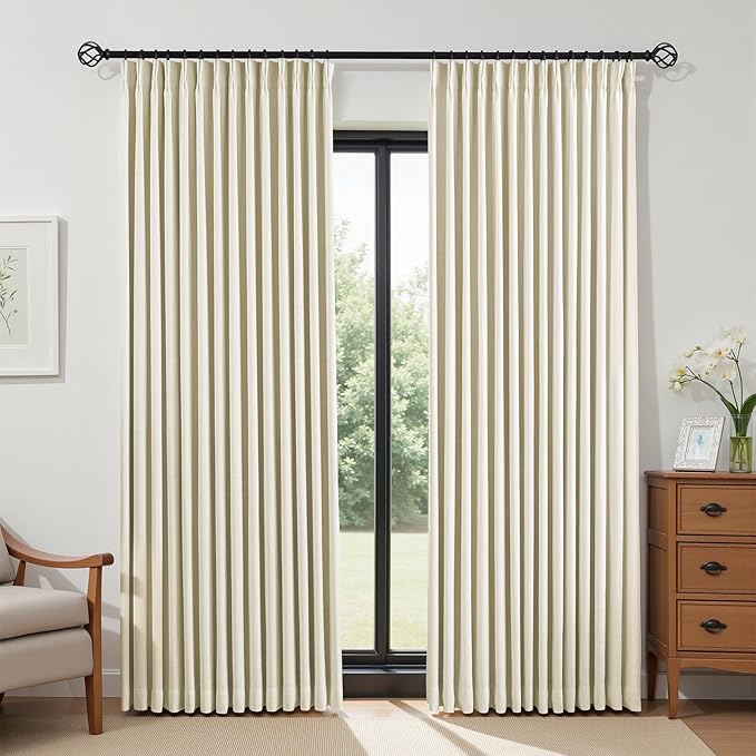 IVAPUPU Cream Beige Pinch Pleated Full Blackout Linen Curtains for Bedroom, Black Out Curtains 108 Inches Long for Living Room Darkening Thermal Insulated Neutral Pleat Drapes with 16 Hooks, 2 Panels