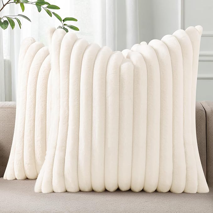 Pallene Faux Fur Plush Throw Pillow Covers 20x20 Set of 2, Luxury Soft Fluffy Striped Decorative Pillow Covers for Sofa, Couch, Living Room, Cream White