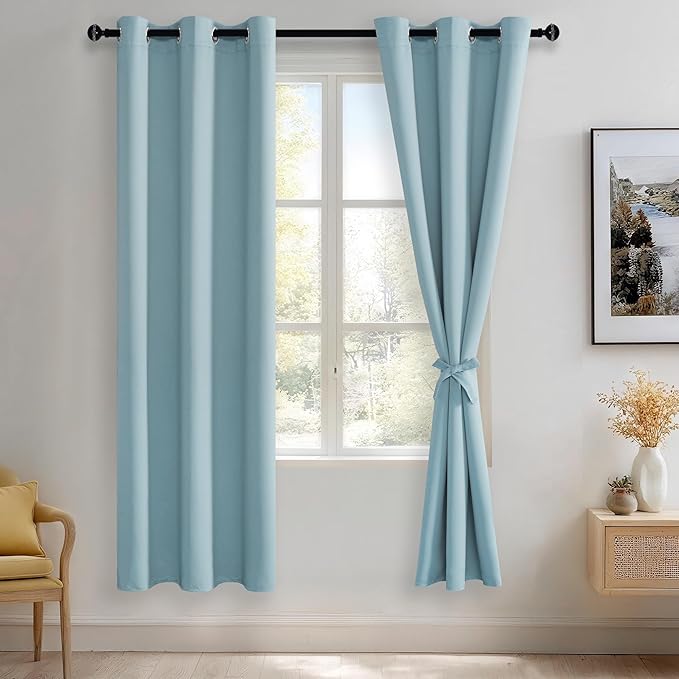 JIUZHEN Light Blue Blackout Curtains with Tiebacks Thermal Insulated, Light Blocking and Noise Reducing Grommet Curtains for and Living Room, Set of 2 Window Curtain Panels, 42 x 72 Inch Length