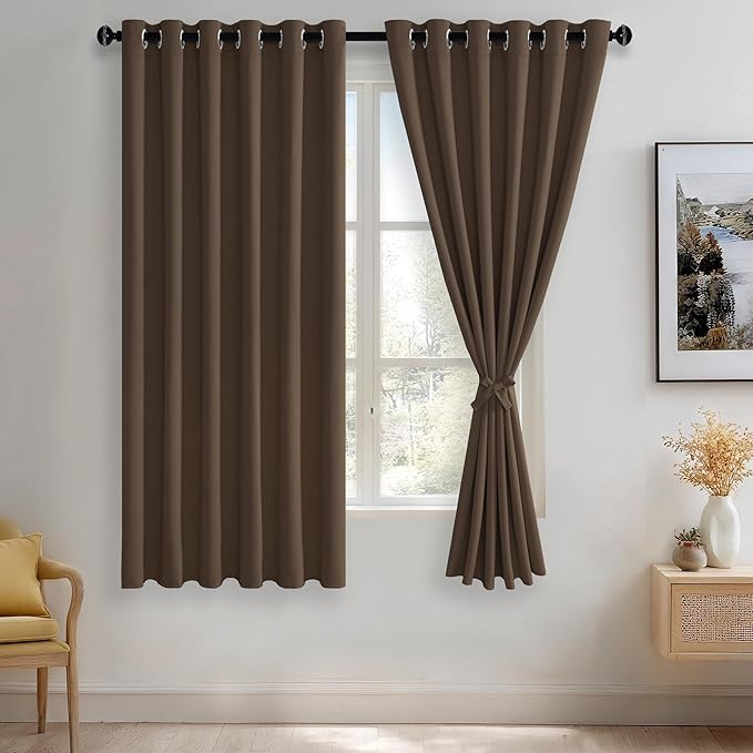JIUZHEN Brown Blackout Curtains with Tiebacks - Thermal Insulated, Light Blocking and Noise Reducing Grommet Curtains for Bedroom and Living Room, Set of 2 Window Curtain Panels, 70 x 63 Inch Length