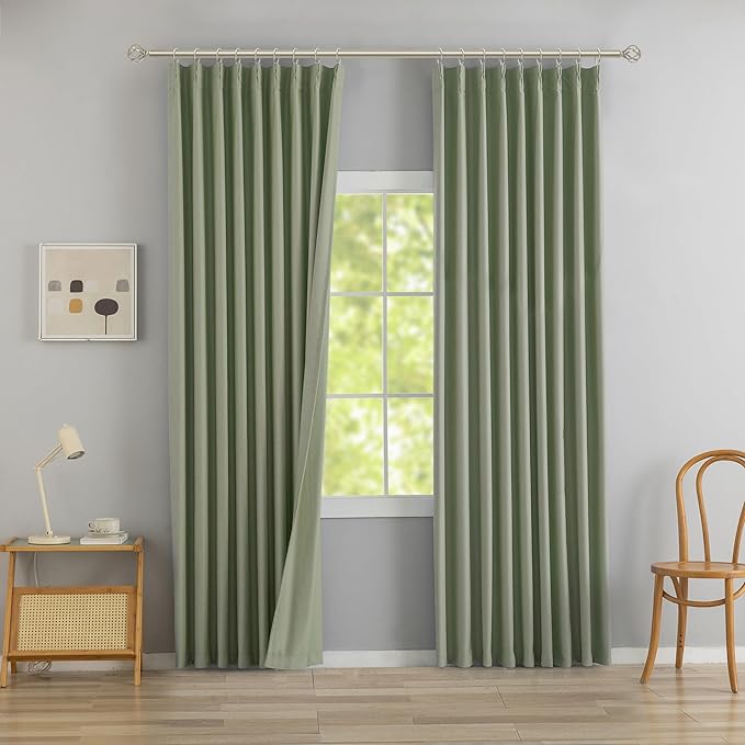 DONREN Sage Green Pinch Pleated Blackout Curtains with Hooks - 144 inches Extra Long Room Darkening Thermal Insulated Window Curtain Panels for High Ceiling Living Room 2 Panel 40" Wx144 L
