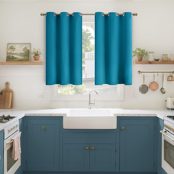 YoungsTex Teal Blue Blackout Curtains 40 Inch Length for Kitchen Window - Short Thermal Insulated Drapes with Grommet Room Darkening for Bathroom Bedroom Window, 2 Panels, 42 x 40 Inch