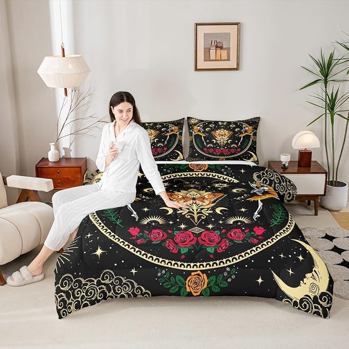 Sun Moon Kids Comforter Set King Size,Starry Sky Galaxy Trippy Bedding Set,Boys Girls Adults Room Decor,Butterfly Skull Rose Flowers Romantic Down Comforter,Watercolor Duvet Insert,2 Pillowcases