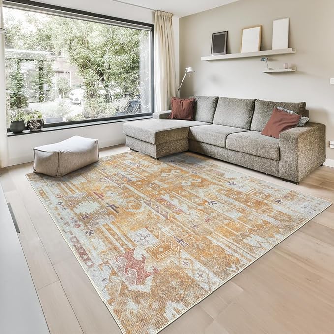 GLN Rugs Bohemian Collection - Machine Washable Area Rug, Bohemian Vintage, Non Slip, Low Pile Chenille Rug, Living Room, Bedroom, Bathroom Rug (9'x12' Yellow)