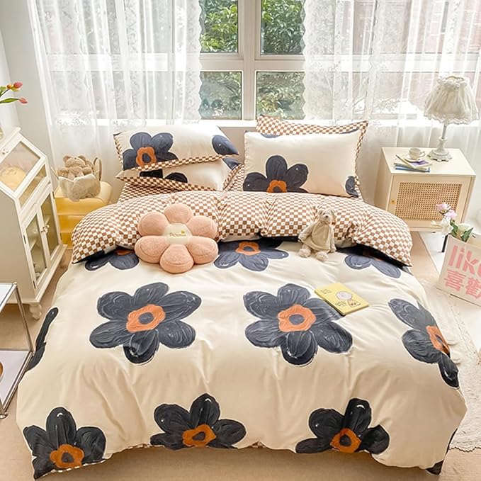 CLOTHKNOW Black Sunflower Queen Comforter Set Floral Bedding Comforter Sets Brown Plaid Comforter Soft Botanical Queen Comforter