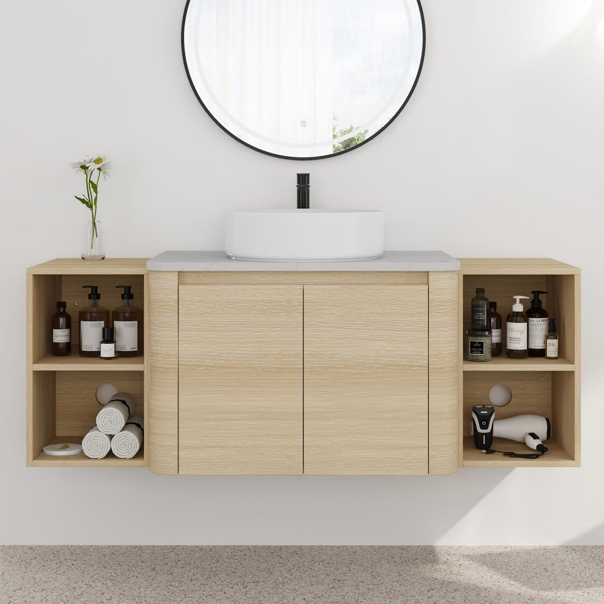 54" Bathroom Sink Cabinet with Vessel Sink Modern Floating Bathroom Vanity Combo with Open Shelf, Wall Mounted Storage Cabinet Set with White Ceramic Basin, Brown