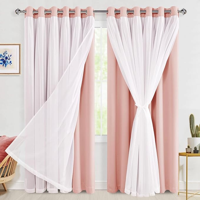 Hiasan Pink Blackout Curtains with Sheer Overlay Thermal Insulated Mix & Match Double Layer Room Darkening Window Curtains for Bedroo Living Room Nursery 2 Panels with Tiebacks (70W X 84L,Blush Pink)