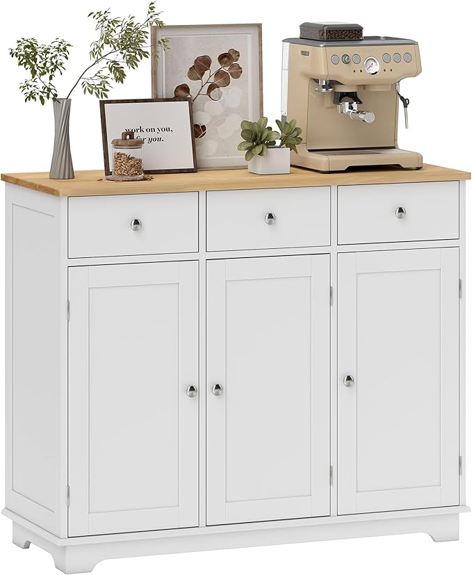 HOMCOM Sideboard with Solid Wood Countertop, Modern Kitchen Storage Cabinet, Coffee Bar Cabinet with 3 Drawers, Doors and Adjustable Shelf, White
