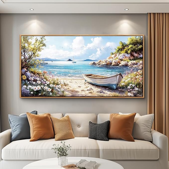 PHAOHUAXM Large Canvas Wall Decor For Living Room Wall Art For Bedroom Office Wall Decorations Print Marine Landscape Wood Framed Paintings Artwork Mural Stretched and Framed Beach Posters 24"X48"
