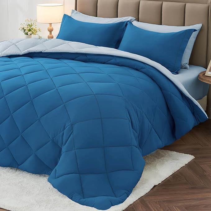 MUXHOMO 7 Pieces Queen Comforter Set, Reversible Bed in a Bag Queen Size, All Season Bedding Set with Comforter, Flat Sheet, Fitted Sheet, Pillowcases & Shams, Teal & Lake Blue