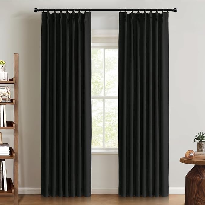 100% Blackout Shield Linen Look Textured Pinch Pleated Curtains Blackout Drapes 84 Inch Long 2 Panels Set, Faux Linen Blackout Curtains for Bedroom & Living Room, 40" W x 84" L, Black