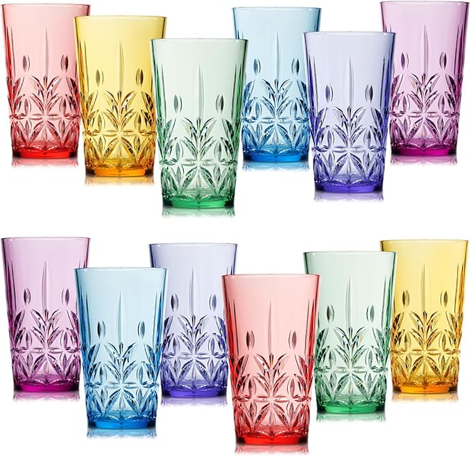 Royal Plastic Drinking Tumbler, Premium Quality Water Glasses, Dishwasher-Safe BPA-Free Durable Mixed Colors Assorted Stackable Cups, 18 oz Set of 12