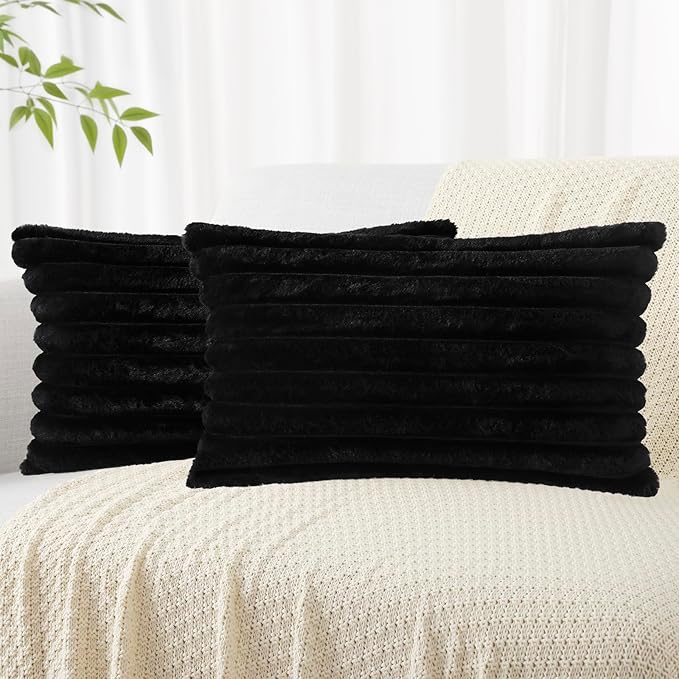 decorUhome Faux Fur Spring Throw Pillow Covers 12x20 Set of 2, Decorative Soft Plush Striped Lumbar Neutral Couch Euro Pillow Covers with Velvet Back for Sofa, Bed, Living Room Home Decor, Black