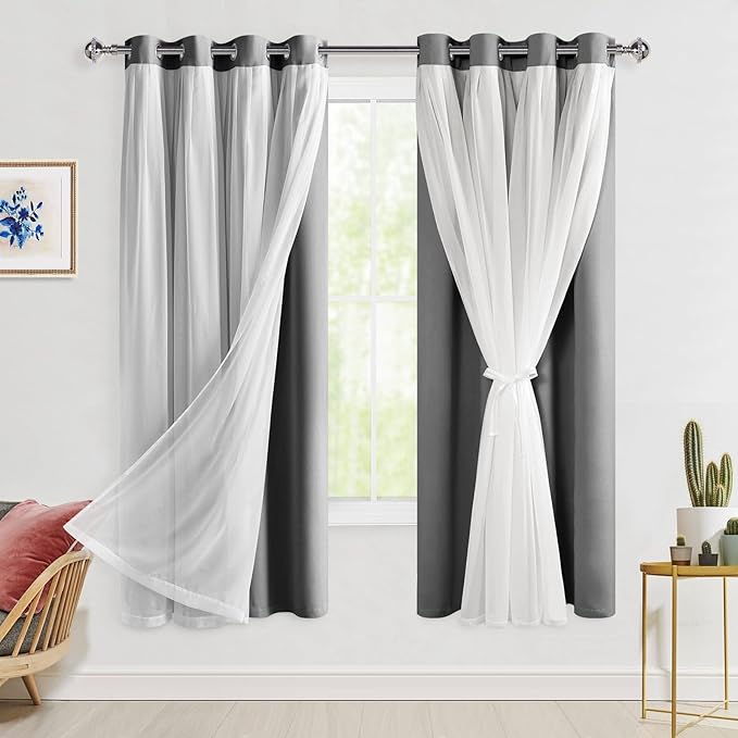 Hiasan Grey Blackout Curtains with Sheer Overlay, Grommet Thermal Insulated Privacy Mix and Match Double Layer Window Curtains for Girls Bedroom, Living Room, 2 Drape Panels with Tiebacks, 52W X 63L