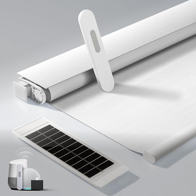 No Drill Motorized Blinds with Remote, Blackout Automatic Blinds with Solar Panel, Cordless Smart Electric Roller Shades for Windows, White, 26 x 72