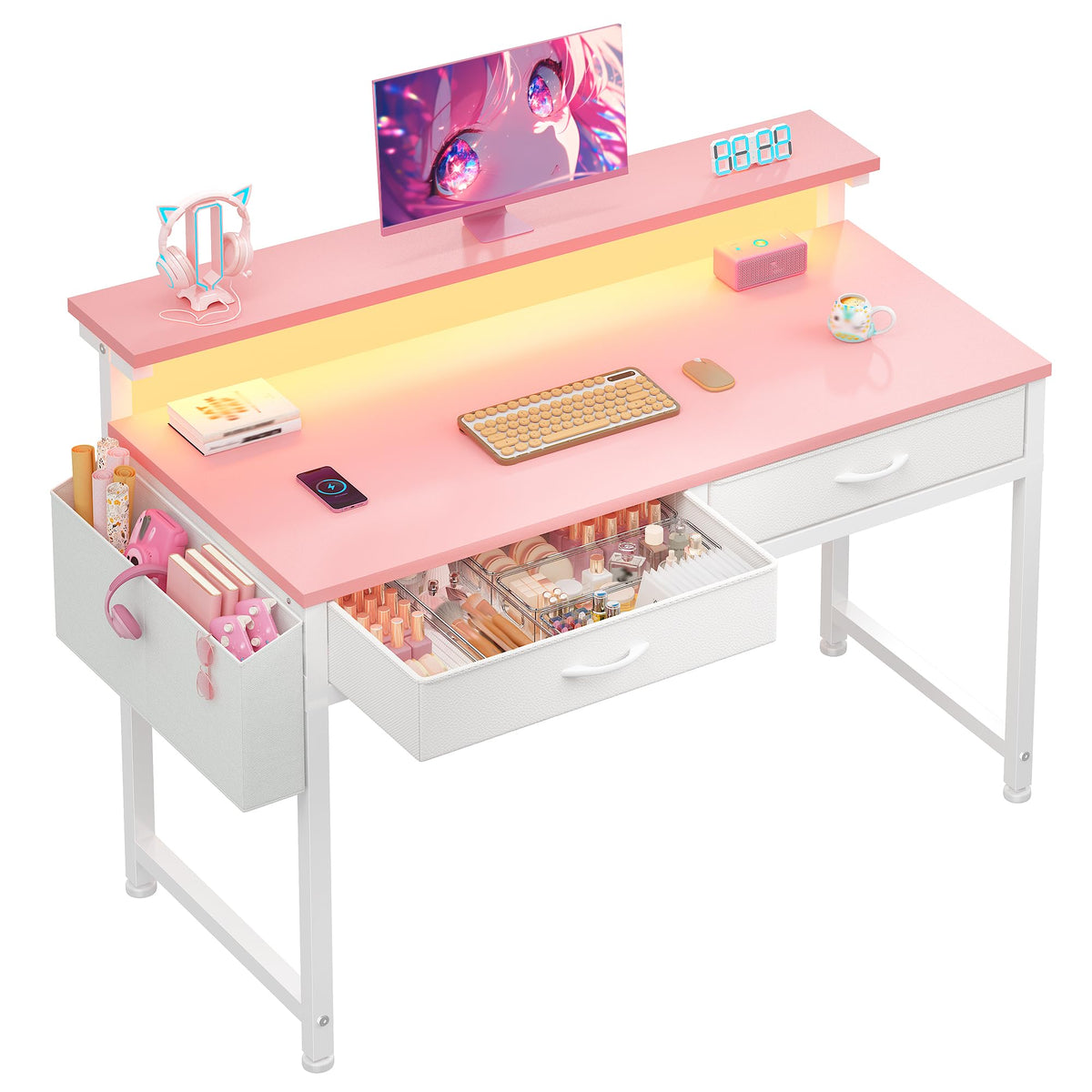 DurayLoly 31Inch Small Computer Desk with LED Lights & 2 Fabric Drawers
