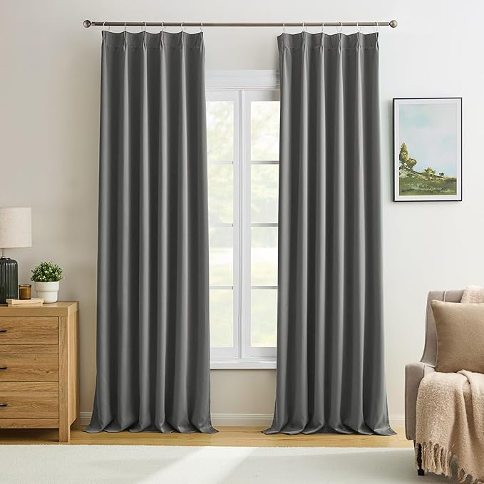 Pinch Pleated Blackout Curtains 96 Inches Long Modern Lush Decor Window Covering Soundproof Drape Panel for Bedroom Light Blocking Room Darkening Drape/Drapery for Nursery Room, Grey
