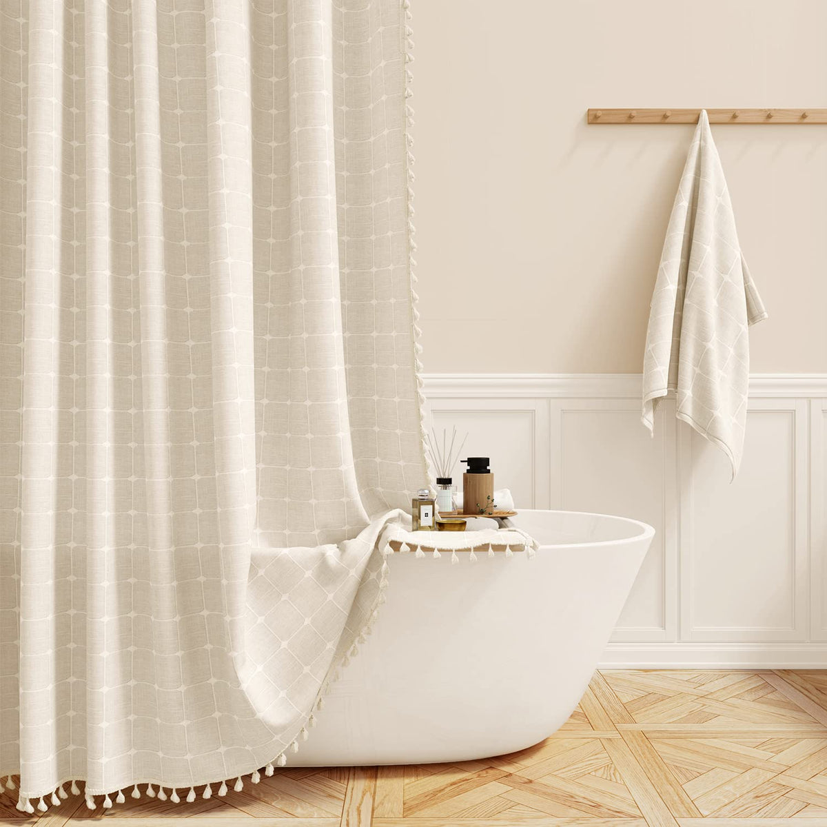 BTTN 72x78 Boho Farmhouse Linen Heavy Duty Shower Curtain Set, Cream/Beige