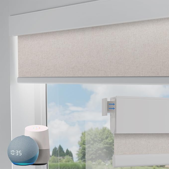Motorized Blinds No Drill Automatic Blinds for Windows Cordless Roller Shades Electric Blinds with Remote Control Smart Blinds (Linen, 35.5 x 72)