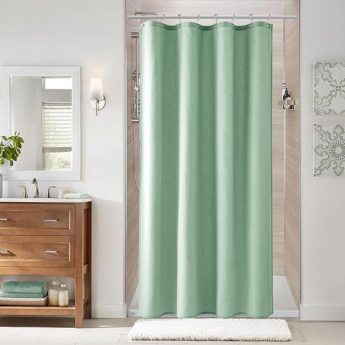 Naturoom Aqua Green 42 Inch Shower Curtain - Stall Narrow Half Linen Ultra Thick Fabric Shower Curtain Set with Hooks, Boho Farmhouse Rustic RV Camper Bath Curtains for Bathroom, 42x72