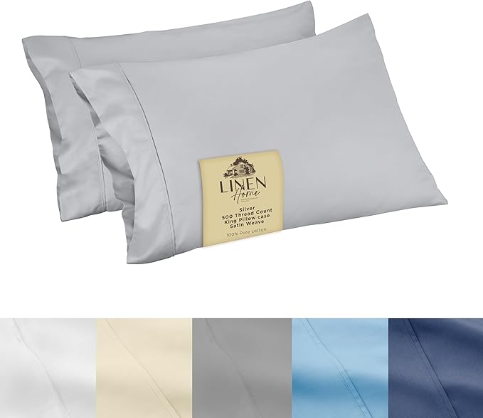 Linen Home 500 Thread Count King Pillowcase Set | 100% Long-Staple Cotton Pillow Cases | Soft & Smooth Luxury Satin Set of 2 Pillowcases | 4 Inch Z Hem | Silver