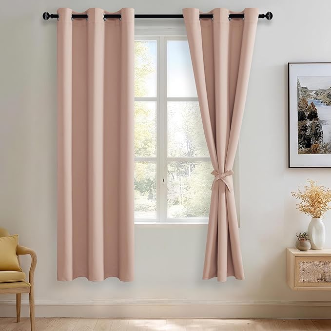 JIUZHEN Blush Pink Blackout Curtains with Tiebacks Thermal Insulated,Light Blocking and Noise Reducing Grommet Curtains for Bedroom and Living Room, Set of 2 Window Curtain Panels, 42 x 72 Inch Length