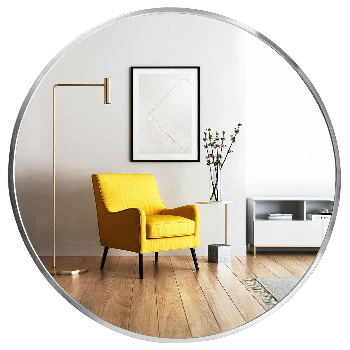 Oruii Round Mirror, 24 inch Silver Circle Mirror,Bruhsed Nickel Metal Frame