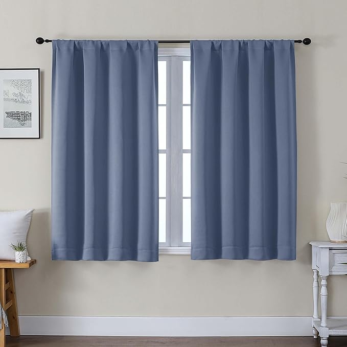 Gwine Blackout Curtains for Bedroom 45 Inch Length, Thermal Insulated Room Darkening Short Curtains, Rod Pocket Drapes for Bathroom Basement Patio Cabinet, Each 40" Wx45 L, Denim Blue