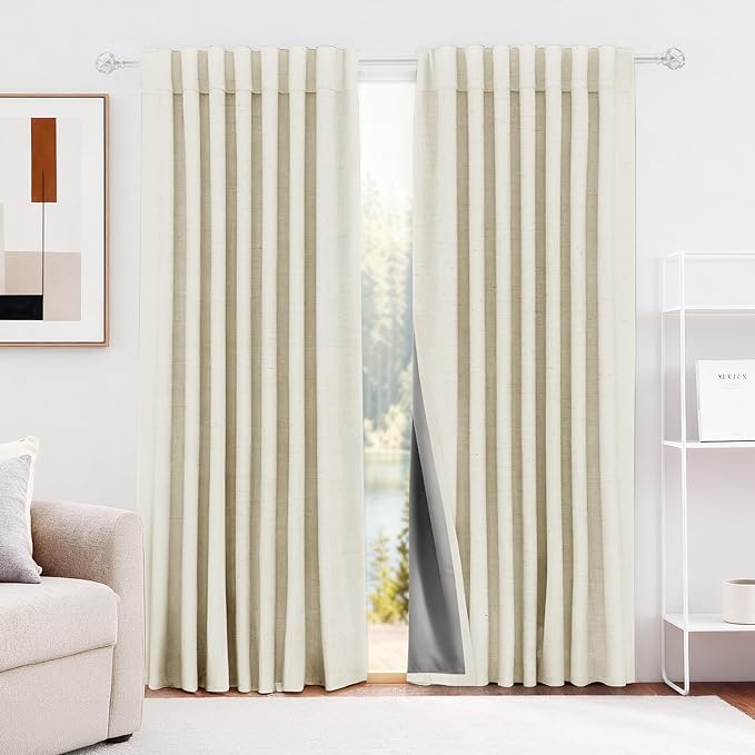 HESTIA Cream Linen Blackout Curtains for Bedroom 90 inch Length Energy Saving Drapes 2 Panels Set Rod Pocket & Back Tabs Room Darkening Window Curtain for Living Room (52" W x 90" L)