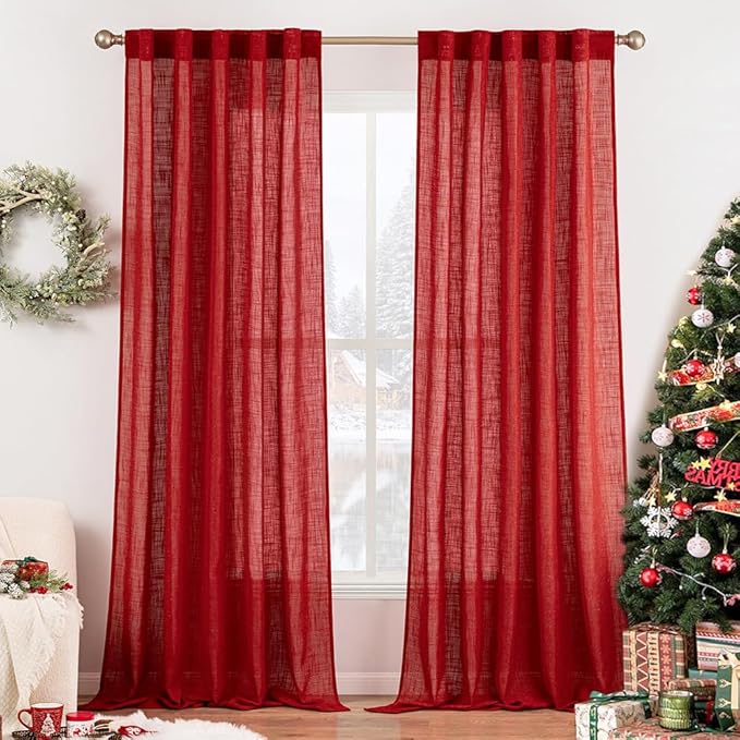 MIULEE Red Linen Curtains 84 Inch Length for Bedroom Living Room, Soft Thick Linen Textured Window Drapes Semi Sheer Light Filtering Back Tab Rod Pocket Burlap Look Christmas Decor, 2 Panels