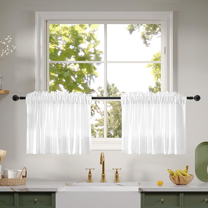 Anmao Non-See-Through Valance Kitchen Curtains 18 Inch Length 2 Panels Set, Bright White Privacy Light Filtering Semi Sheer Over Sink Short Cafe Curtain Tiers for Small Windows, 25W x 18L, Pure White