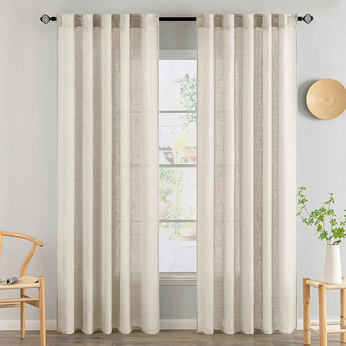 MIULEE Cream Linen Curtains 84 Inch Length 2 Panels for Bedroom Living Room, Soft Linen Textured Window Drapes Semi Sheer Light Filtering Back Tab Rod Pocket Farmhouse Modern Burlap Look Decor