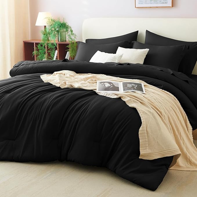 CozyLux Oversized Queen Comforter Set Black, 7 Pieces Bed in a Bag Comforter Set with Sheets, Soft Bedding Sets with Down Alternative Comforter, Fitted Sheet, Flat Sheet, Pillow Shams and Pillowcases