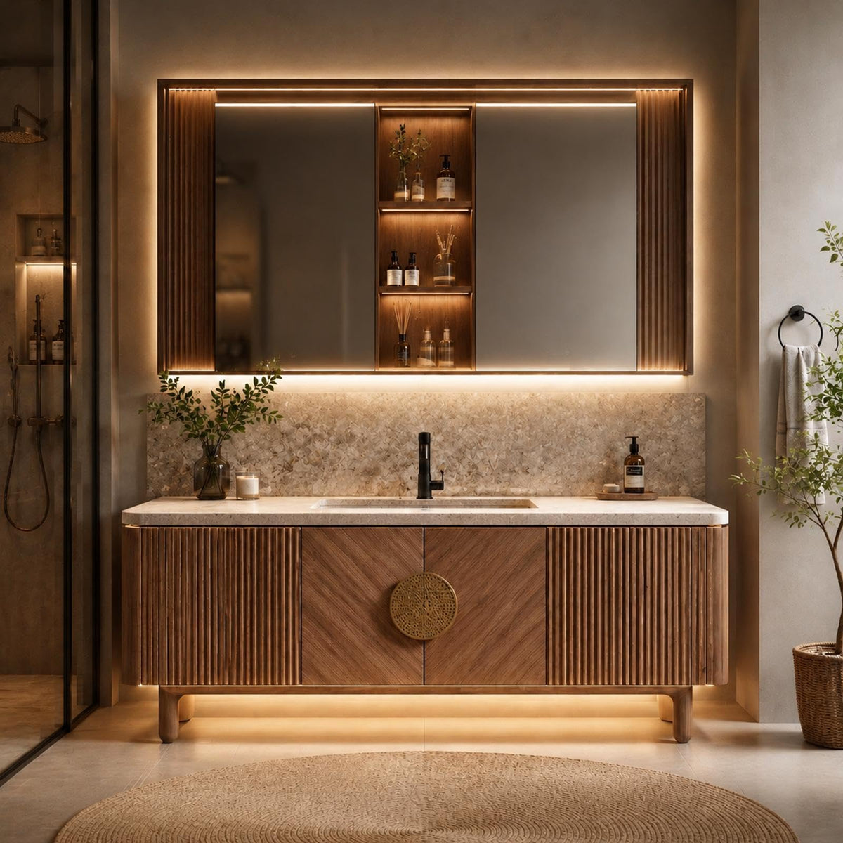 106 IN Freestanding Single Sink Bathroom Vanity Set with LED Mirror Cabinet