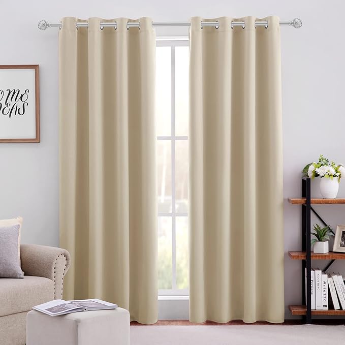 HOMEIDEAS Beige Blackout Curtains 52 X 84 Inch Bedroom Curtains 2 Panels Room Darkening Curtains, Soundproof Thermal Grommet Window Curtains for Living Room