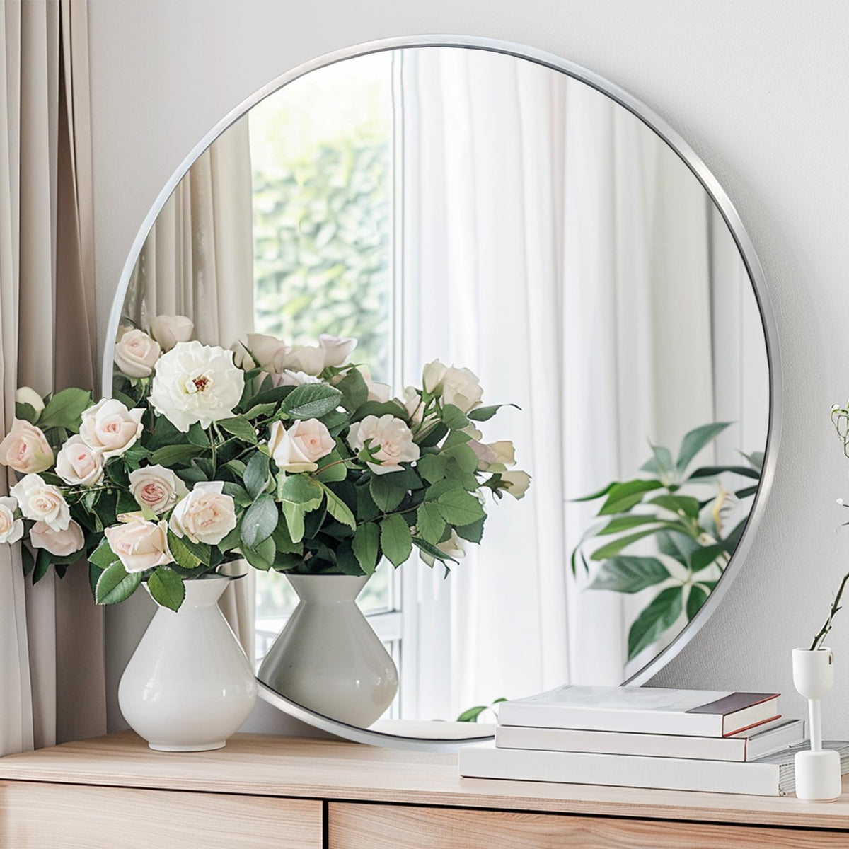 Winnker Round Mirror 30 inch Silver, Circle Mirror, Brushed Nickel, Chrome