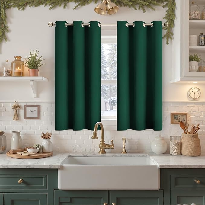 YoungsTex Emerald Green Blackout Curtains 40 Inches Length for Kitchen Window - Short Thermal Insulated Drapes with Grommet Room Darkening Christmas Decor for Bedroom, 2 Panels, 42 x 40 Inch
