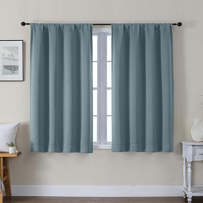 Gwine Blackout Curtains for Bedroom 45 Inch Length, Thermal Insulated Room Darkening Short Curtains, Rod Pocket Drapes for Bathroom Basement Patio Cabinet, Each 40" Wx45 L, Stone Blue