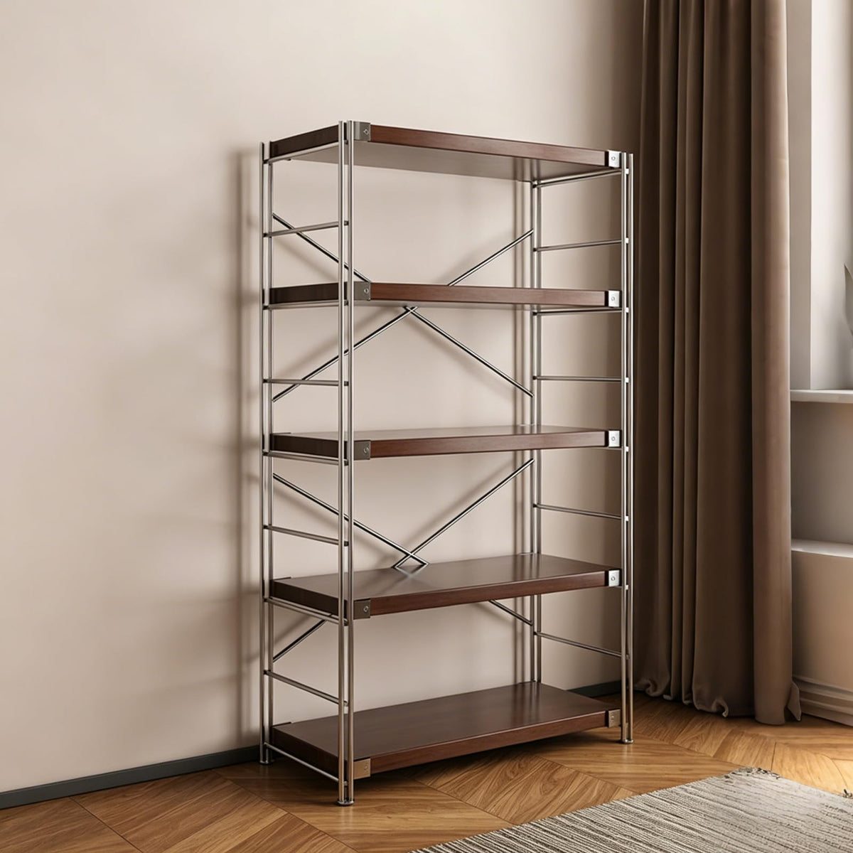 Industrial Bookshelf Adjustable,Rack With Storage Industrial Bookshelf，Modern Open Shelving Unit Book Shelves, Freestanding Wood & Metal Display Shelves, Living Room Storage Organizer, For Bedroom