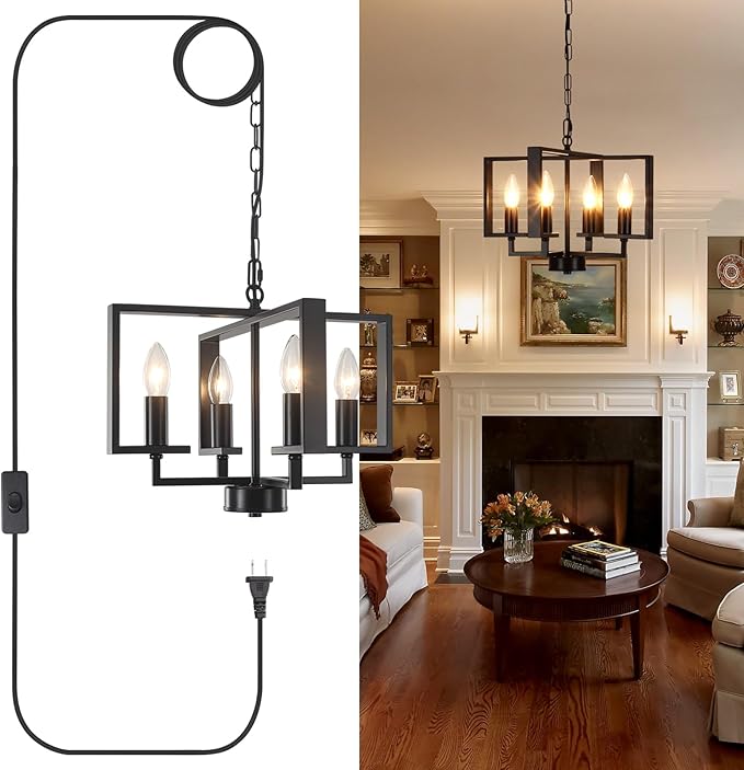 MEIJIA Plug in Chandelier, 4 Light Black Geometric Hanging Lights with Plug in Cord 15FT & Switch, Plug in Hanging Light for Dining Room Living Room Kitchen Bedroom, Outdoor Chandelier for Gazebo